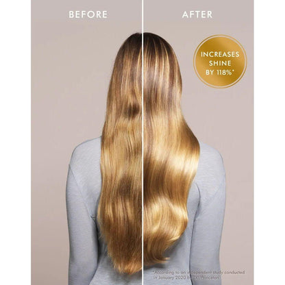 Before and after comparison of hair treatment showing increased shine by 118% on healthy, silky hair.