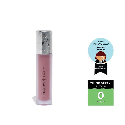 Fitglow Beauty lip gloss with awarded Best Lip Product badge from 2020 Dirty Thinkers' Choice Awards and Think Dirty 0 clean rating