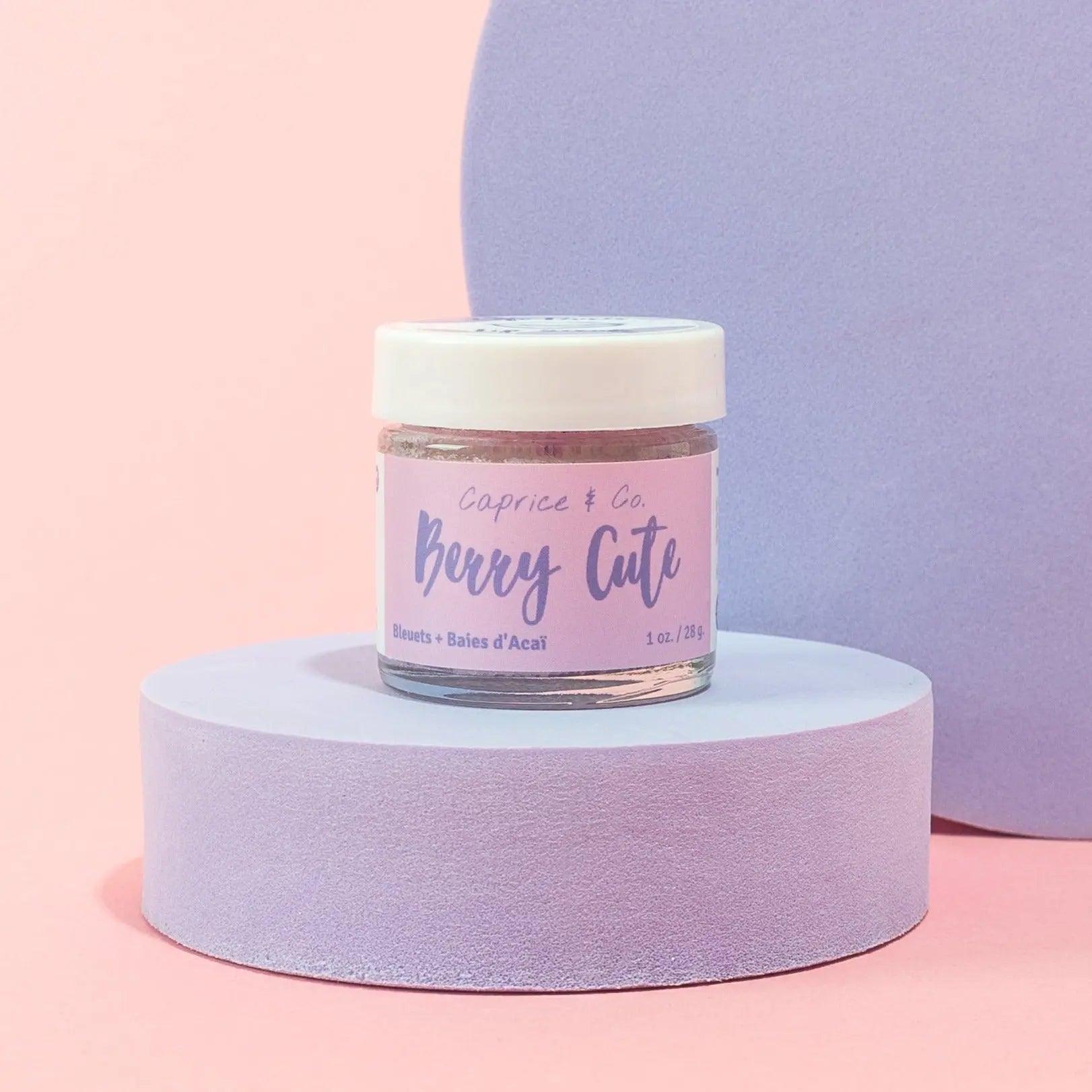 Lip Scrub Berry Cute by Caprice & Co on a pastel background, featuring acai berries and gentle exfoliation benefits.