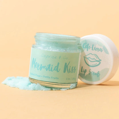 Mermaid Kiss lip scrub jar with cotton candy and berries flavor, showcasing fine sugar exfoliant and hydrating ingredients.