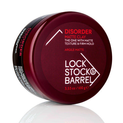 Lock Stock & Barrel Disorder Matte Clay 3.53 oz with matte texture and firm hold for styled hair.