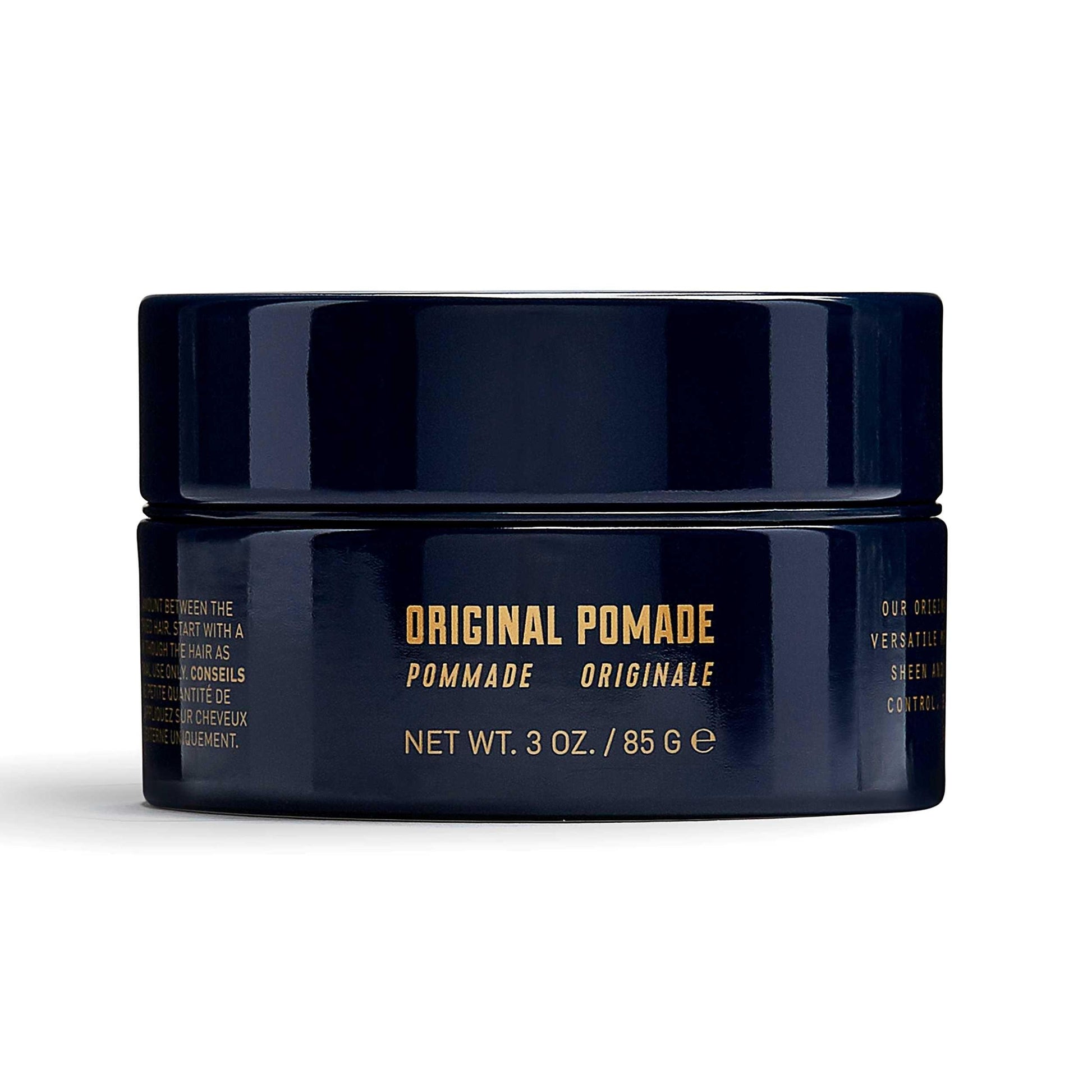 Lock Stock & Barrel Original Pomade 85g container showcasing versatile medium hold and natural sheen. Blended by hand in England.