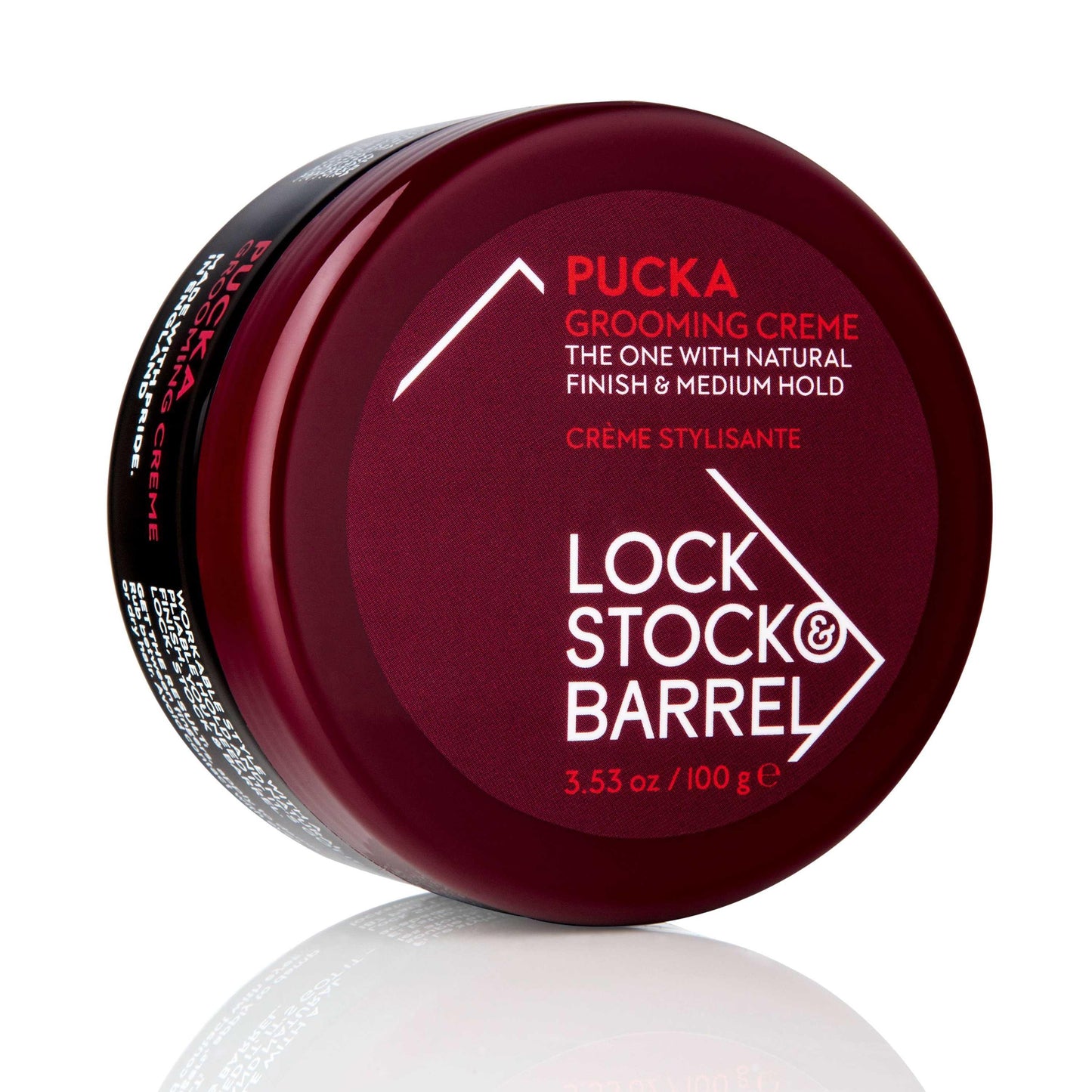 Lock Stock & Barrel Pucka Grooming Creme 3.53 oz with natural finish and medium hold, phthalate and paraben free.