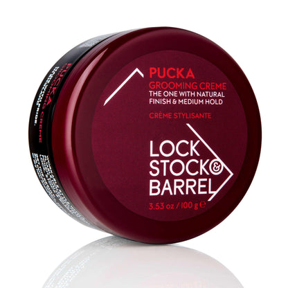 Lock Stock & Barrel Pucka Grooming Creme 3.53 oz with natural finish and medium hold, phthalate and paraben free.