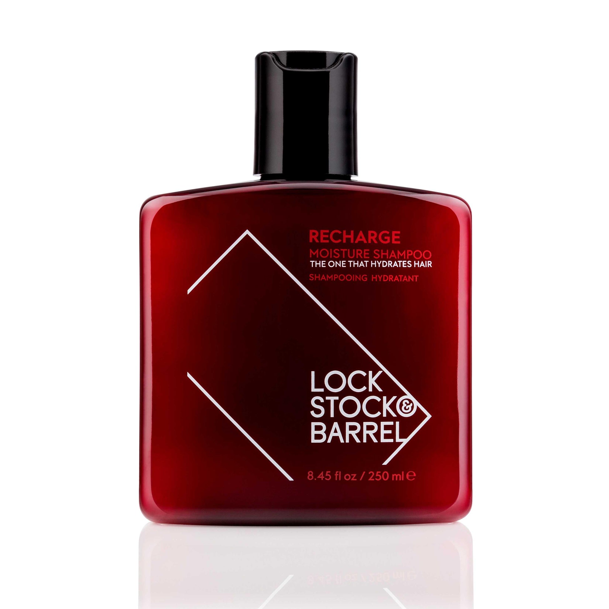 Lock Stock & Barrel Recharge Moisture Shampoo bottle, 8.45 fl oz, designed to hydrate and nourish hair, cruelty-free and vegan.