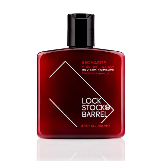 Lock Stock & Barrel Recharge Moisture Shampoo bottle, 8.45 fl oz, designed to hydrate and nourish hair, cruelty-free and vegan.