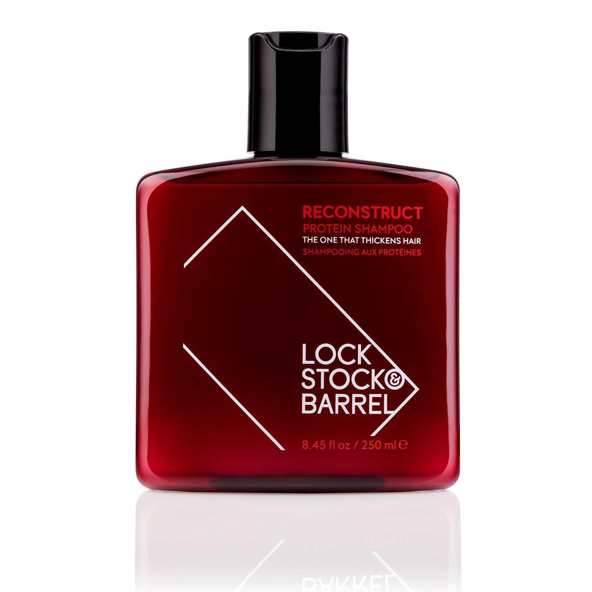 Lock Stock & Barrel Reconstruct Protein Shampoo bottle, 8.45 fl oz, designed to thicken fine, thinning hair. Cruelty-free formula.