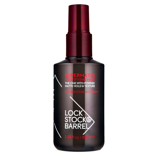 Lock Stock & Barrel Supermatte Mattifying Mist 100ml bottle for beach-blasted texture and matte finish. Phthalate & paraben free.
