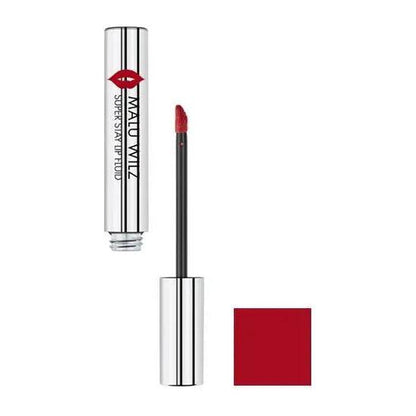 Malu Wilz Long-Lasting Lip Fluid in red shade with applicator, featuring sleek silver packaging for easy on-the-go use.