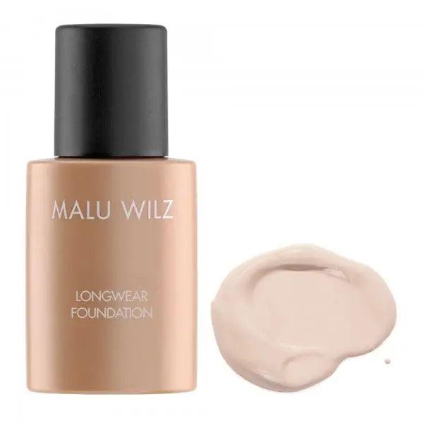 Malu Wilz Longwear Foundation bottle (30ml) with a swatch of foundation cream beside it.