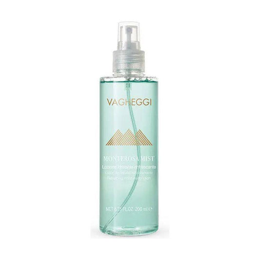 Monterosa Mist Refreshing Moisturising Lotion in a spray bottle, infused with glacier water and hyaluronic acid for revitalized skin.