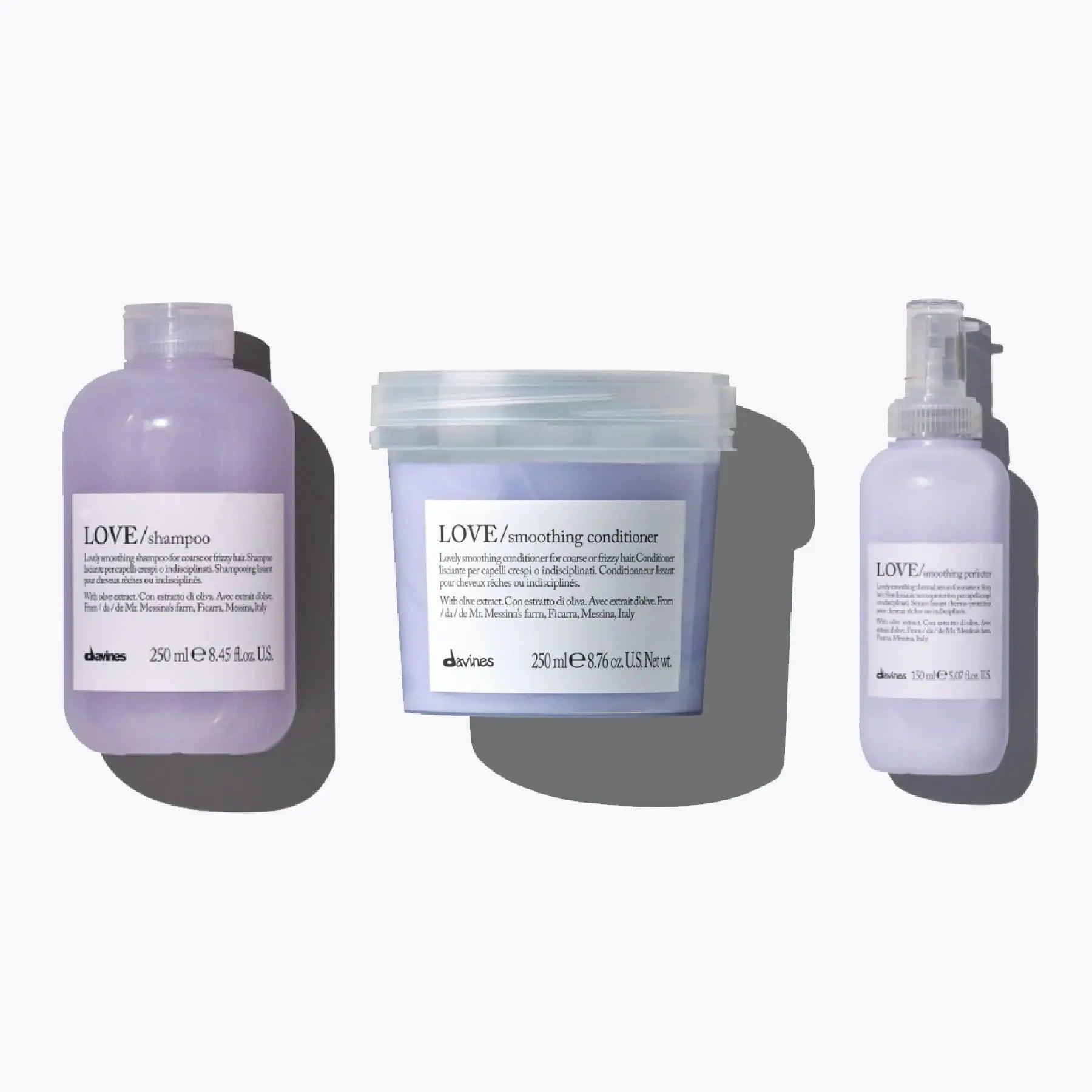 Davines Love Smoothing Essentials Set featuring shampoo, conditioner, and smoothing perfector for frizz control.