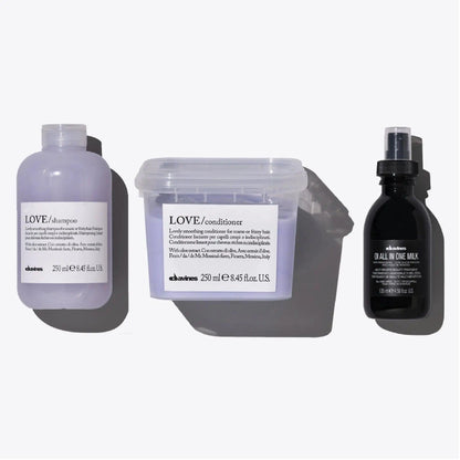 Davines Love Smoothing + Oi Set featuring Love Shampoo, Love Conditioner, and Oi All In One Milk for nourishing hair.
