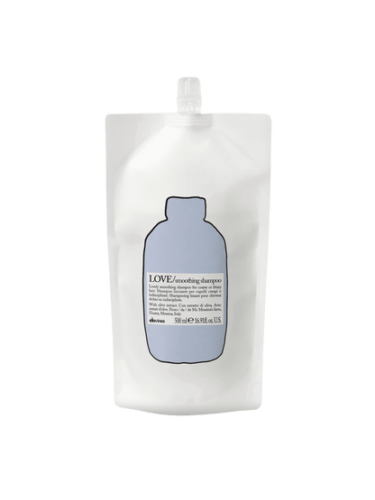 Love Smoothing Shampoo Refill pouch for frizzy hair, infused with olive extract for deep hydration and smoothing effects.