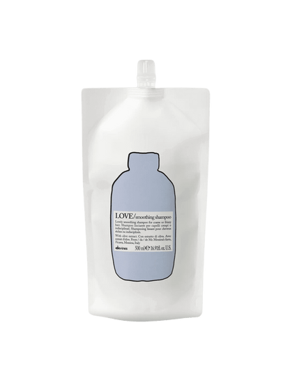 Love Smoothing Shampoo Refill pouch for frizzy hair, infused with olive extract for deep hydration and smoothing effects.