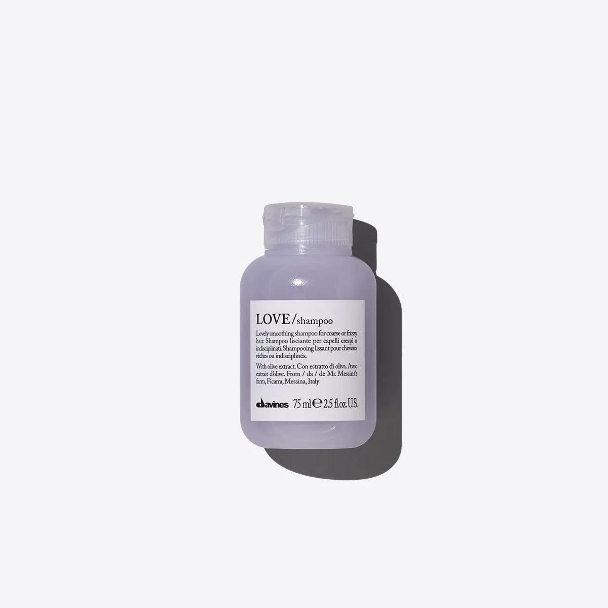 Davines LOVE Smoothing Shampoo bottle, designed to control frizz and smooth unruly hair with natural ingredients.