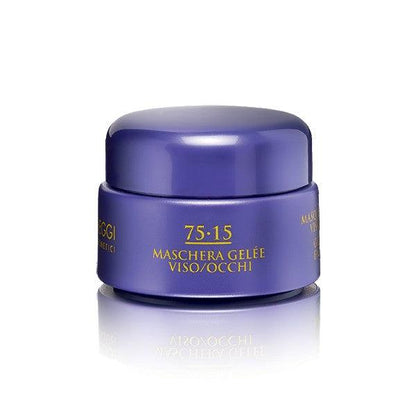 75-15 Gel-like Mask for face and eyes in a navy jar, offering a refreshing and softening effect on skin.
