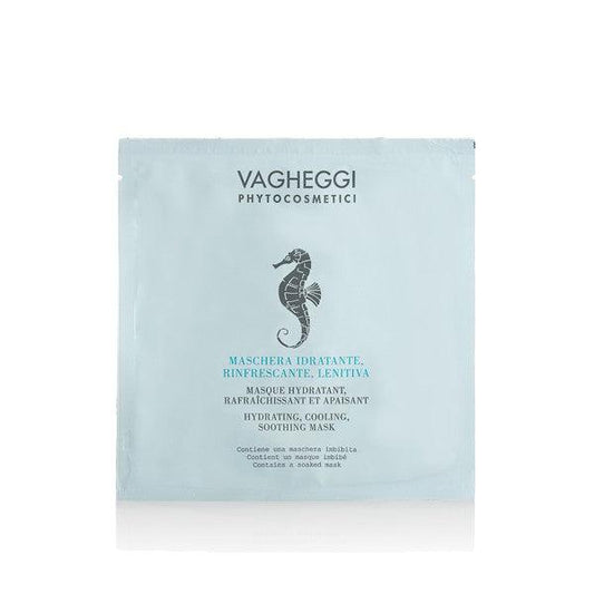 Hydrating, cooling, soothing mask sachet by Vagheggi, ideal for refreshing skin after sun exposure.