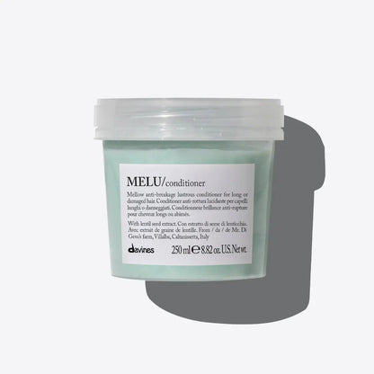 MELU anti-breakage conditioner for long or damaged hair, 250ml container. Eco-friendly haircare product for stronger, shiny hair.