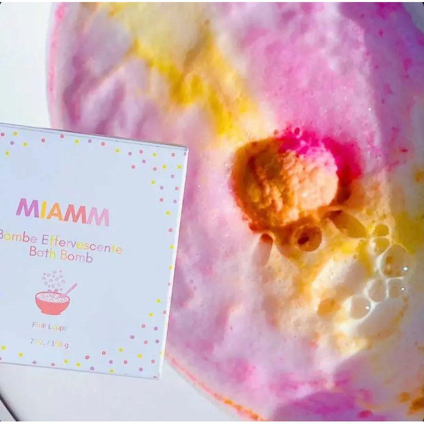 Miamm XL Bath Bomb in Fruit Loops fragrance, featuring vibrant colors and soothing ingredients for a relaxing bath experience.