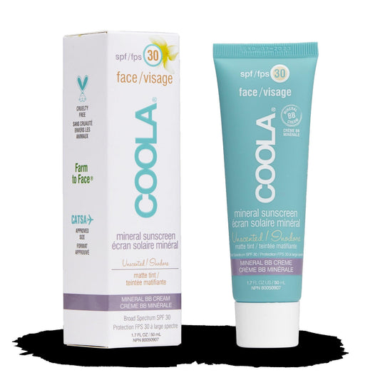 COOLA Mineral Face SPF 30 Matte Tint sunscreen tube and box, featuring antioxidant-infused, broad-spectrum protection.