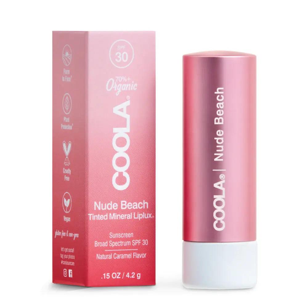 COOLA Nude Beach Tinted Mineral Liplux® SPF 30 lip balm with organic ingredients and natural caramel flavor.