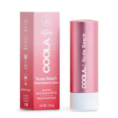COOLA Nude Beach Tinted Mineral Liplux® SPF 30 lip balm with organic ingredients and natural caramel flavor.