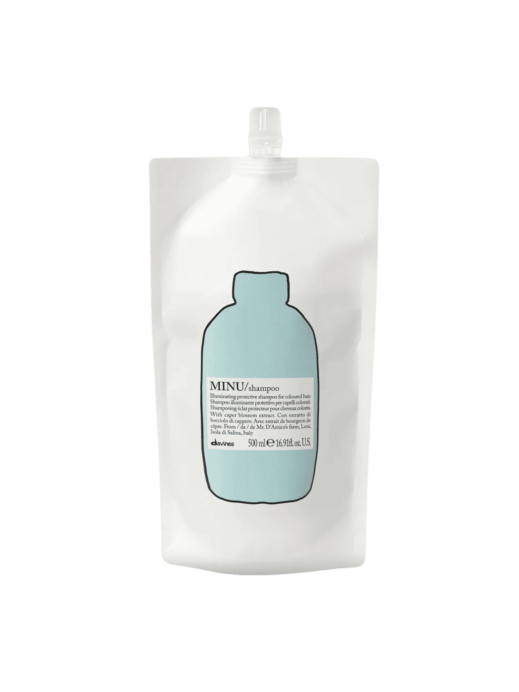 Minu Shampoo Refill pouch for color-treated hair, enhancing vibrancy and providing nourishment while reducing dullness.