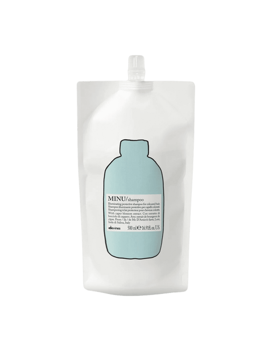 Minu Shampoo Refill pouch for color-treated hair, enhancing vibrancy and providing nourishment while reducing dullness.