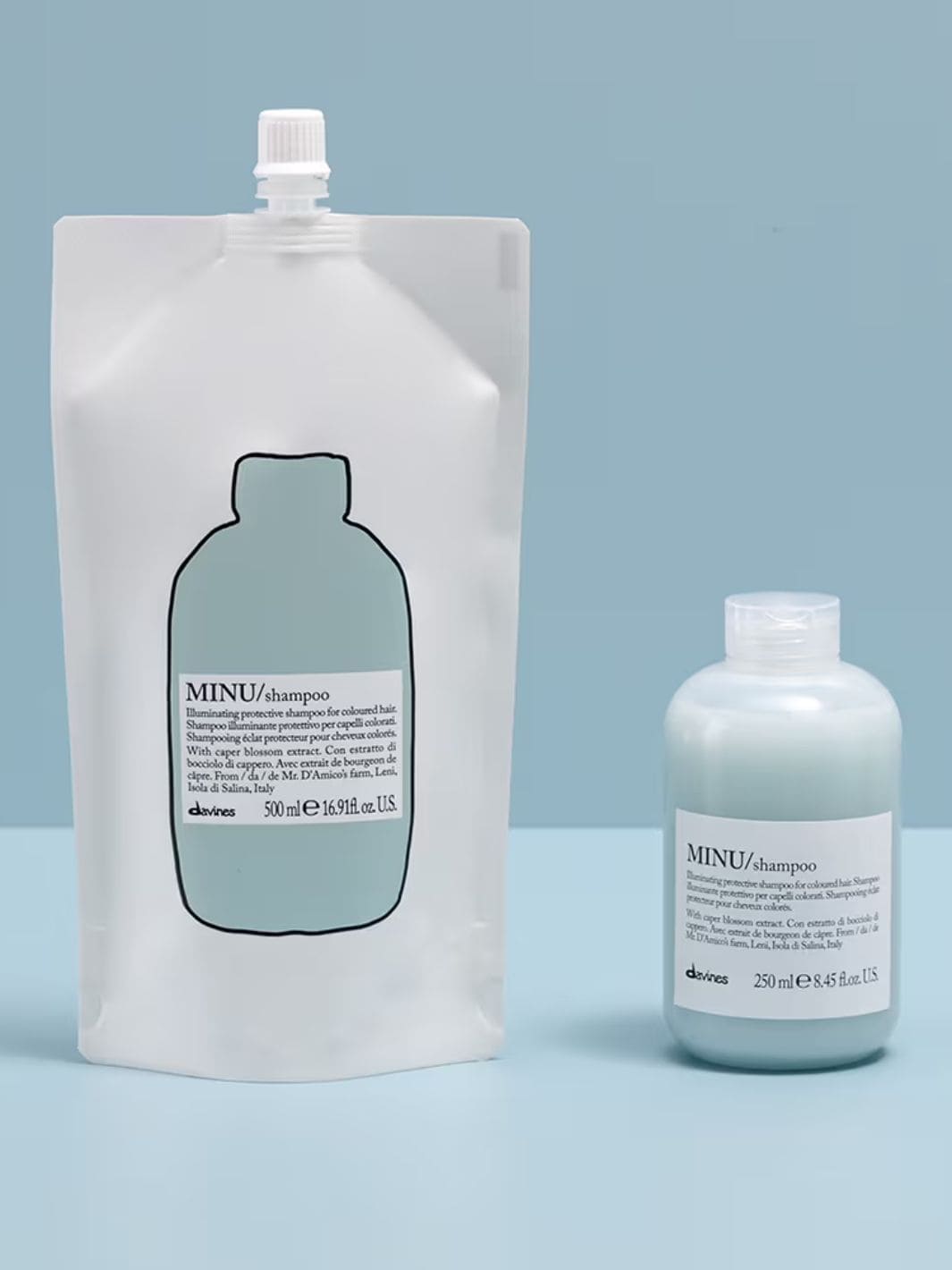 Minu Shampoo Refill pouch and bottle for color-treated hair, enhancing vibrancy and nourishment.