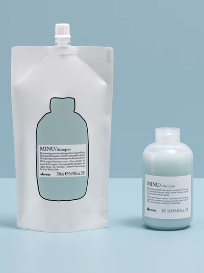 Minu Shampoo Refill pouch and bottle for color-treated hair, enhancing vibrancy and nourishment.