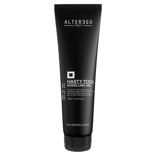 Modelling Gel by Alter Ego Italy in a sleek black tube for defining and molding hair without residue.