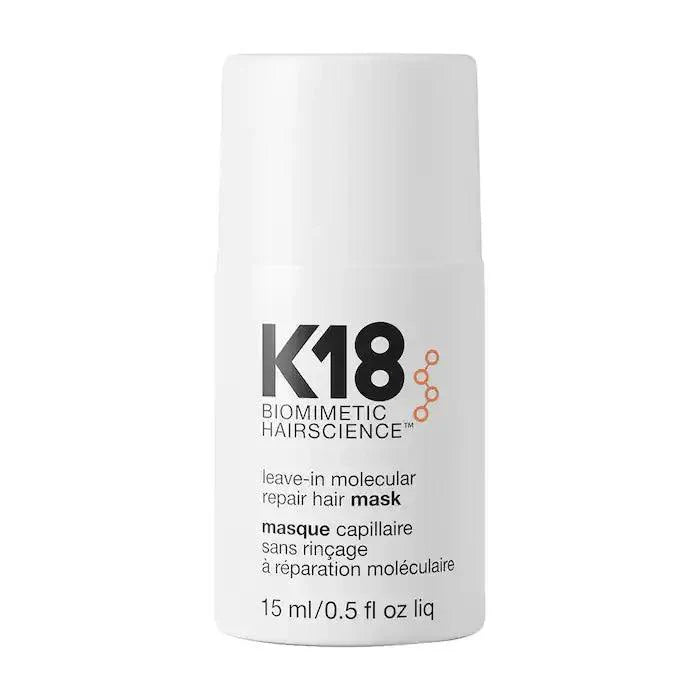 K18 Biomimetic Hair Science leave-in molecular repair hair mask bottle, 15 ml size for hair damage restoration.