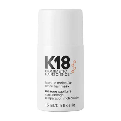 K18 Biomimetic Hair Science leave-in molecular repair hair mask bottle, 15 ml size for hair damage restoration.
