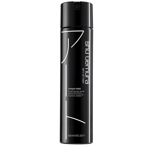 Moya Hold Finishing Hair Spray by Shu Uemura in a sleek black bottle for strong, flexible hair hold suitable for all textures.