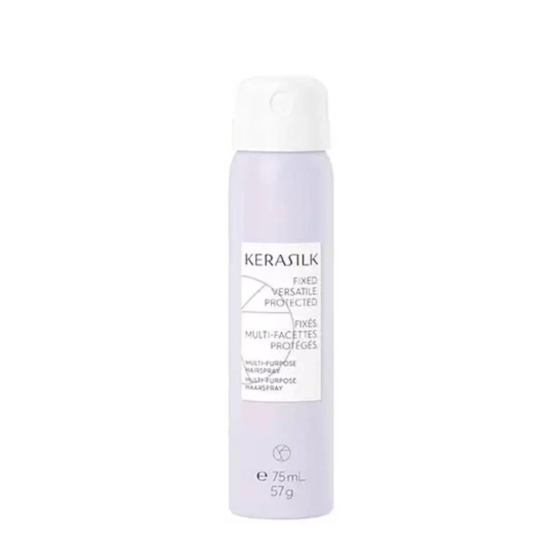 KERASILK Multi-Purpose Hairspray in a 75ml spray bottle for strong hold and flexible styling. Ideal for all hair types.