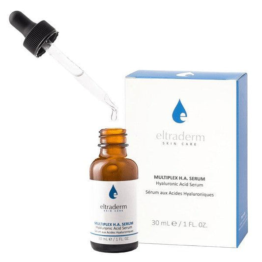 Multiplex H.A Serum by Eltraderm in amber bottle with dropper and box, promoting deep hydration and skin smoothing.