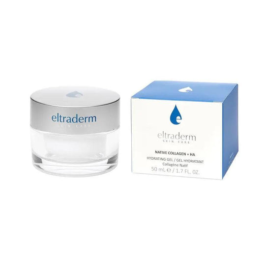 Eltraderm Native Collagen + HA hydrating gel in a 50ml jar, promoting skin resilience and hydration.