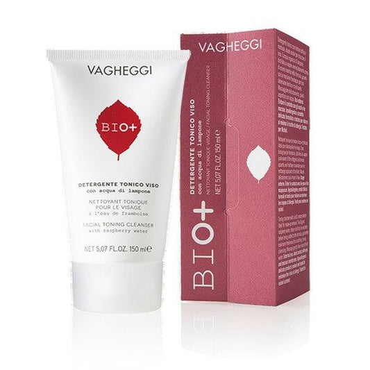 Bio+ Facial Toning Cleanser with raspberry water, 150 ml tube and box packaging for gentle skincare routine.