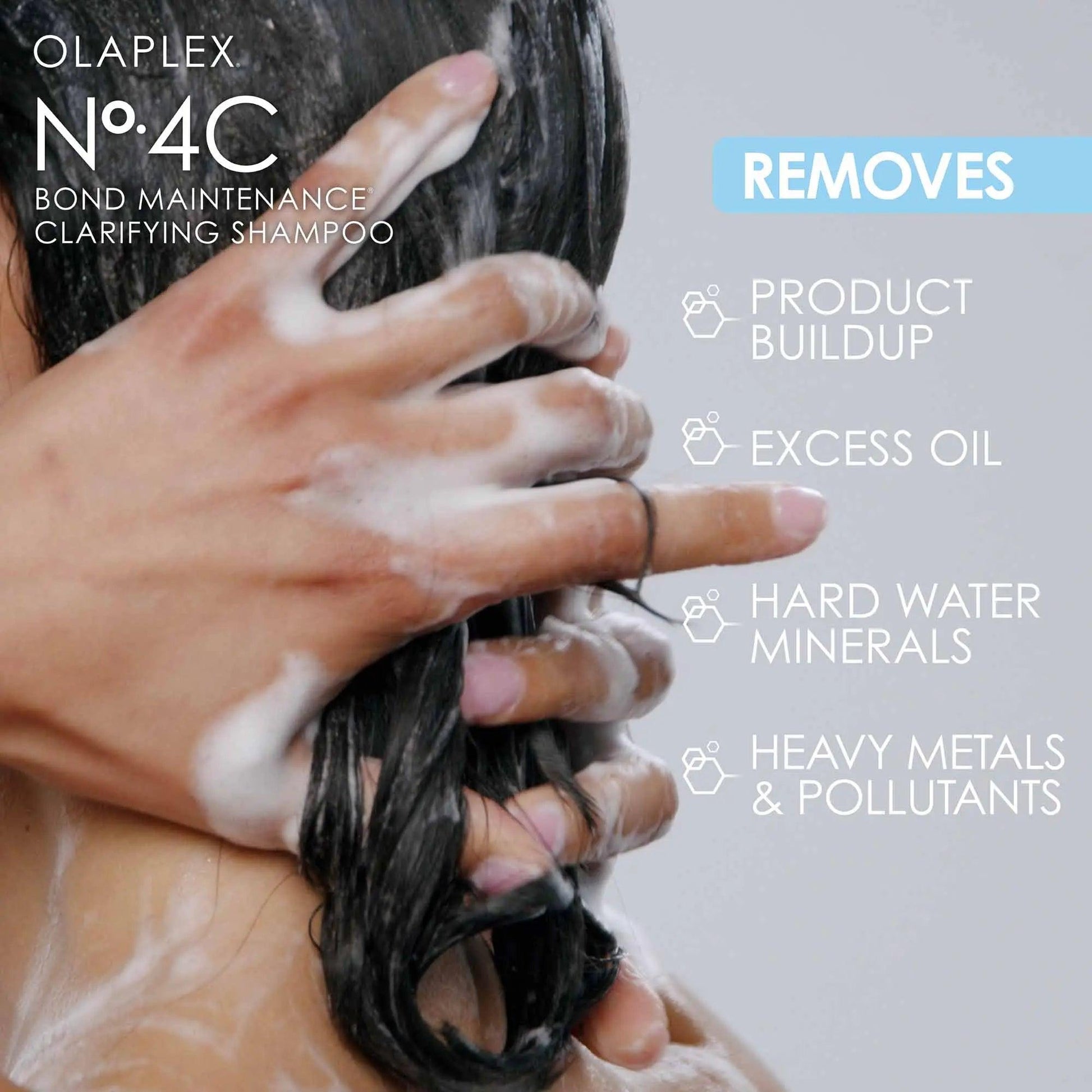 Olaplex No. 4C Bond Maintenance Clarifying Shampoo removing product buildup, excess oil, and impurities from hair.