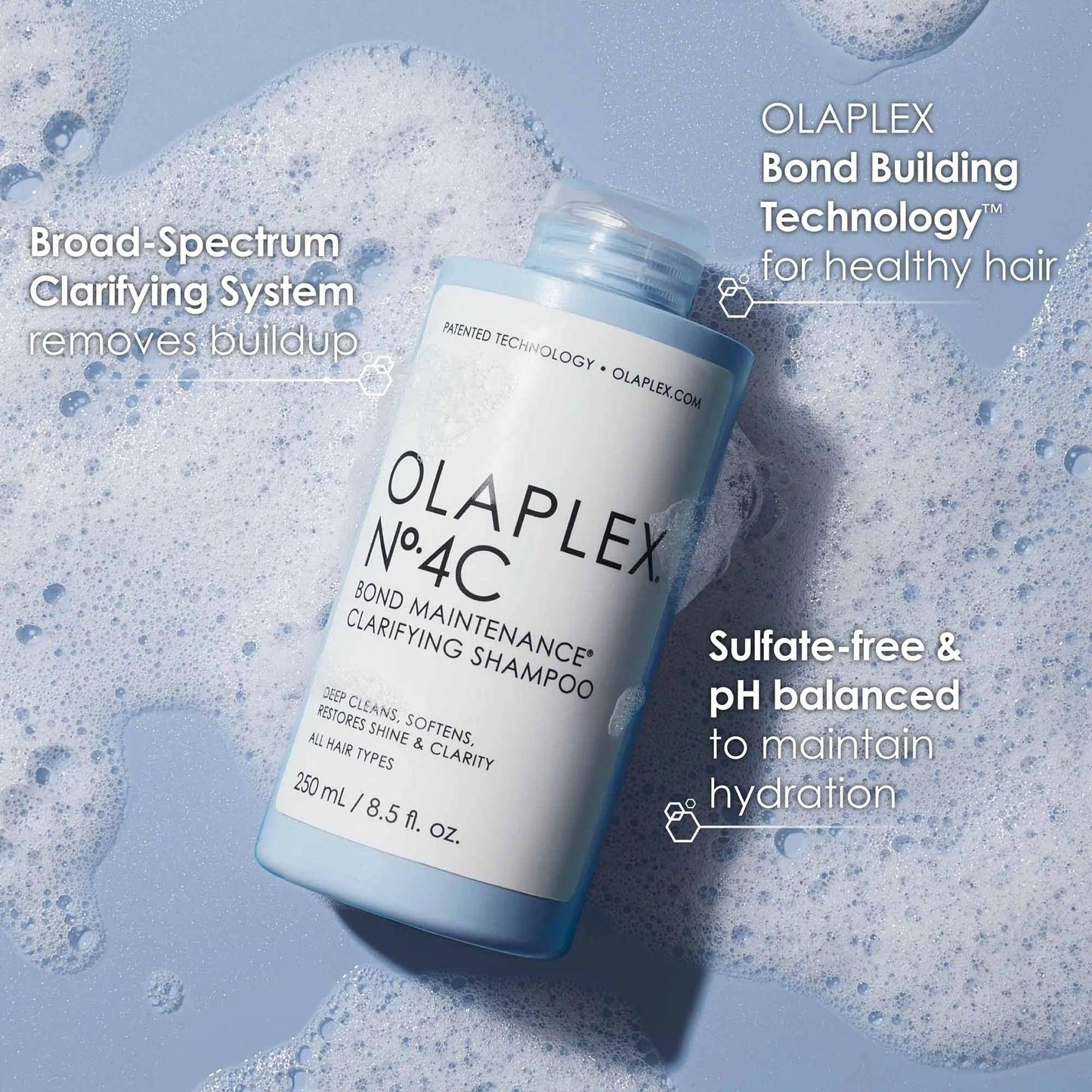 Olaplex No. 4C Bond Maintenance Clarifying Shampoo bottle in bubbles, designed for all hair types, sulfate-free for healthy hair.