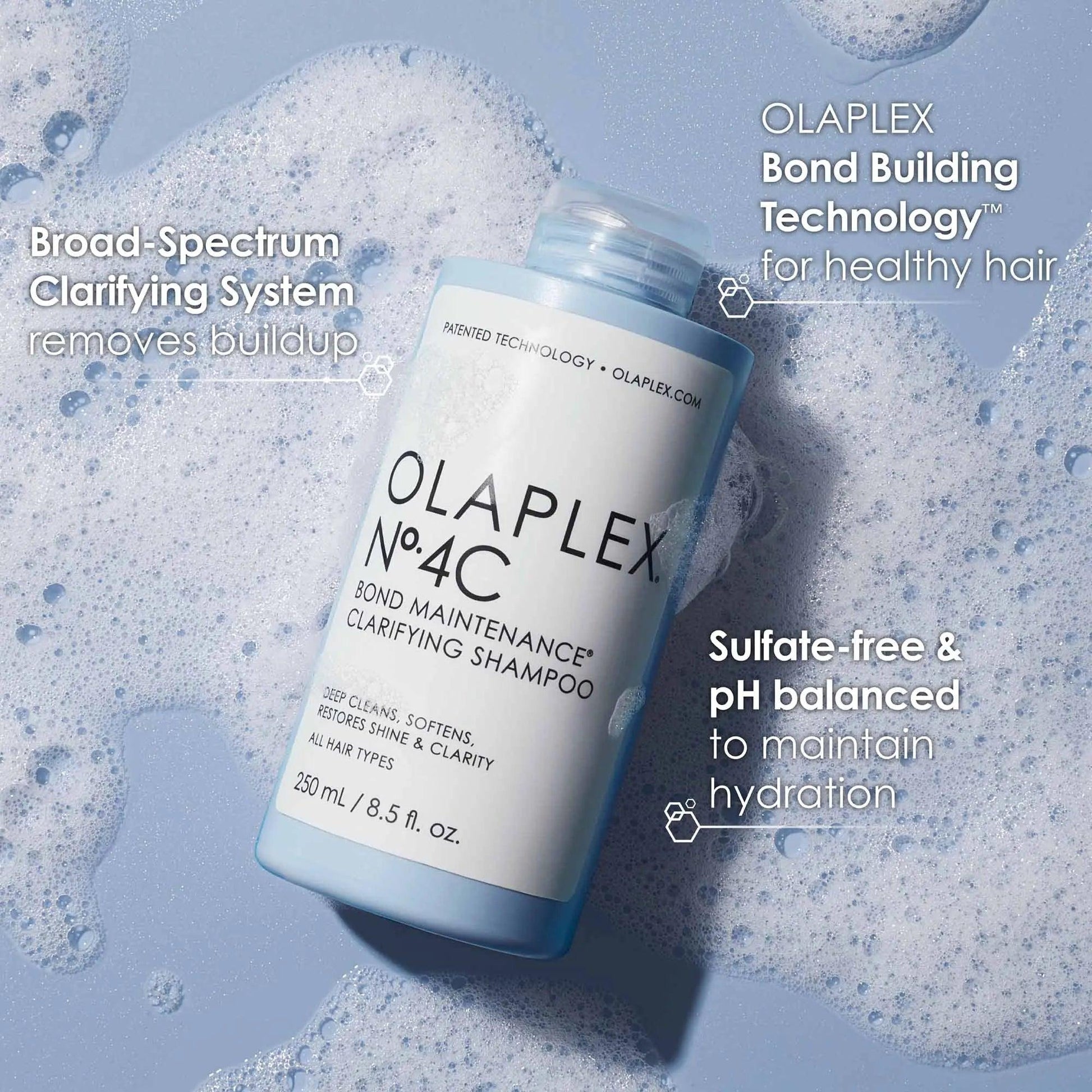 Olaplex No. 4C Bond Maintenance Clarifying Shampoo bottle in bubbles, designed for all hair types, sulfate-free for healthy hair.