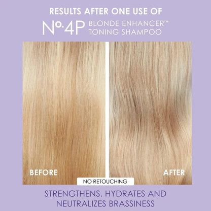 Before and after results of Olaplex Nº.4P Blonde Enhancer Toning Shampoo, showing improved blonde vibrancy and reduced brassiness.