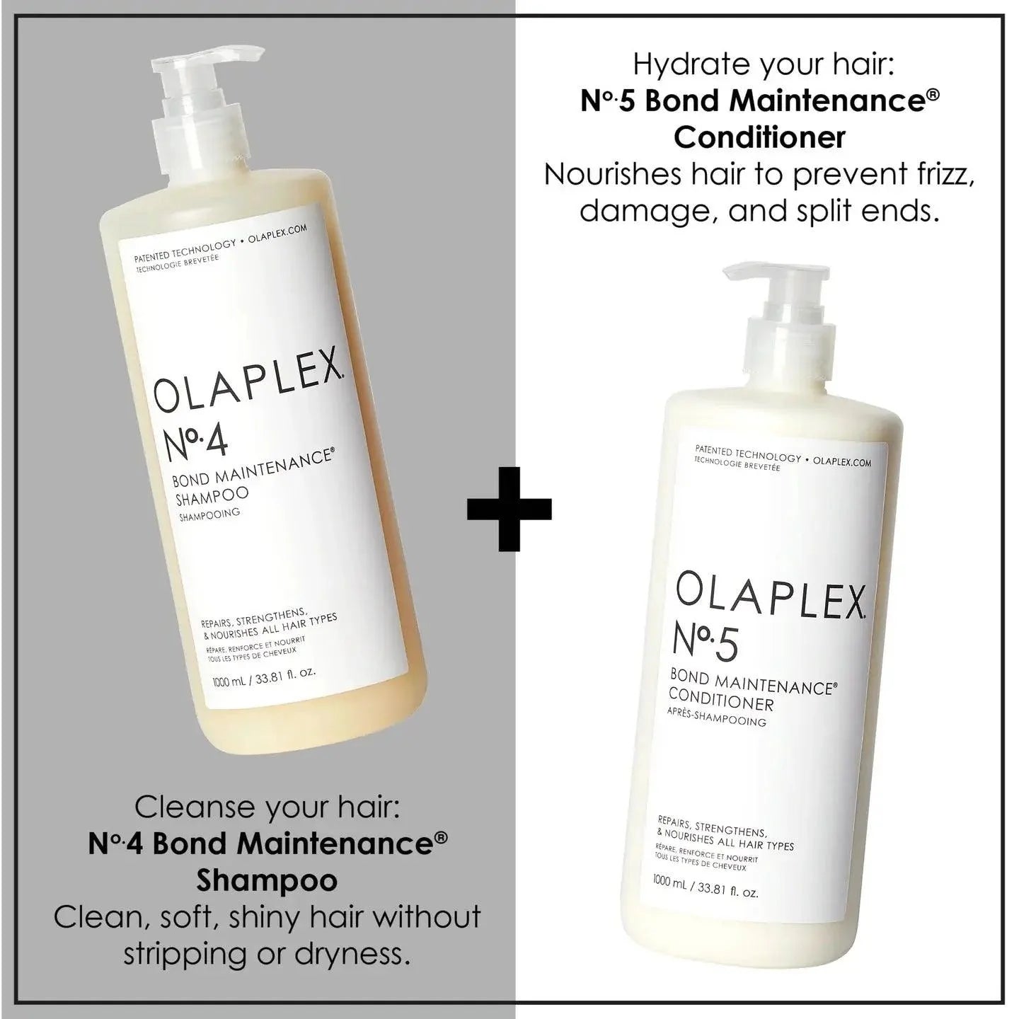 Olaplex Nº.4 Shampoo and Nº.5 Conditioner bottles showcasing powerful hair care for hydration and repair.