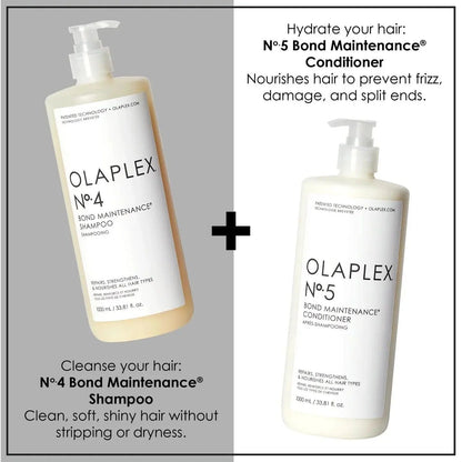 Olaplex Nº.4 Shampoo and Nº.5 Conditioner bottles showcasing powerful hair care for hydration and repair.