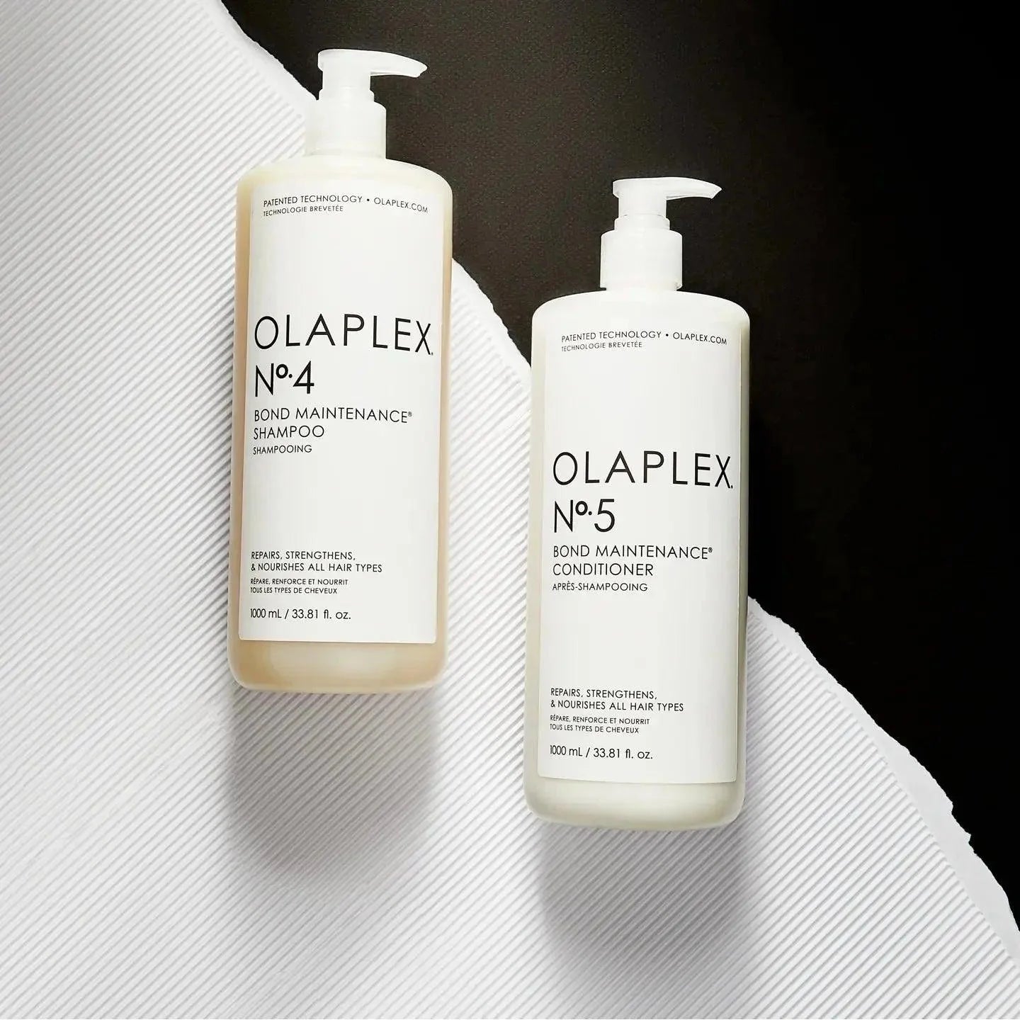 Olaplex No.4 Bond Maintenance Shampoo and No.5 Conditioner duo for repairing and strengthening all hair types.