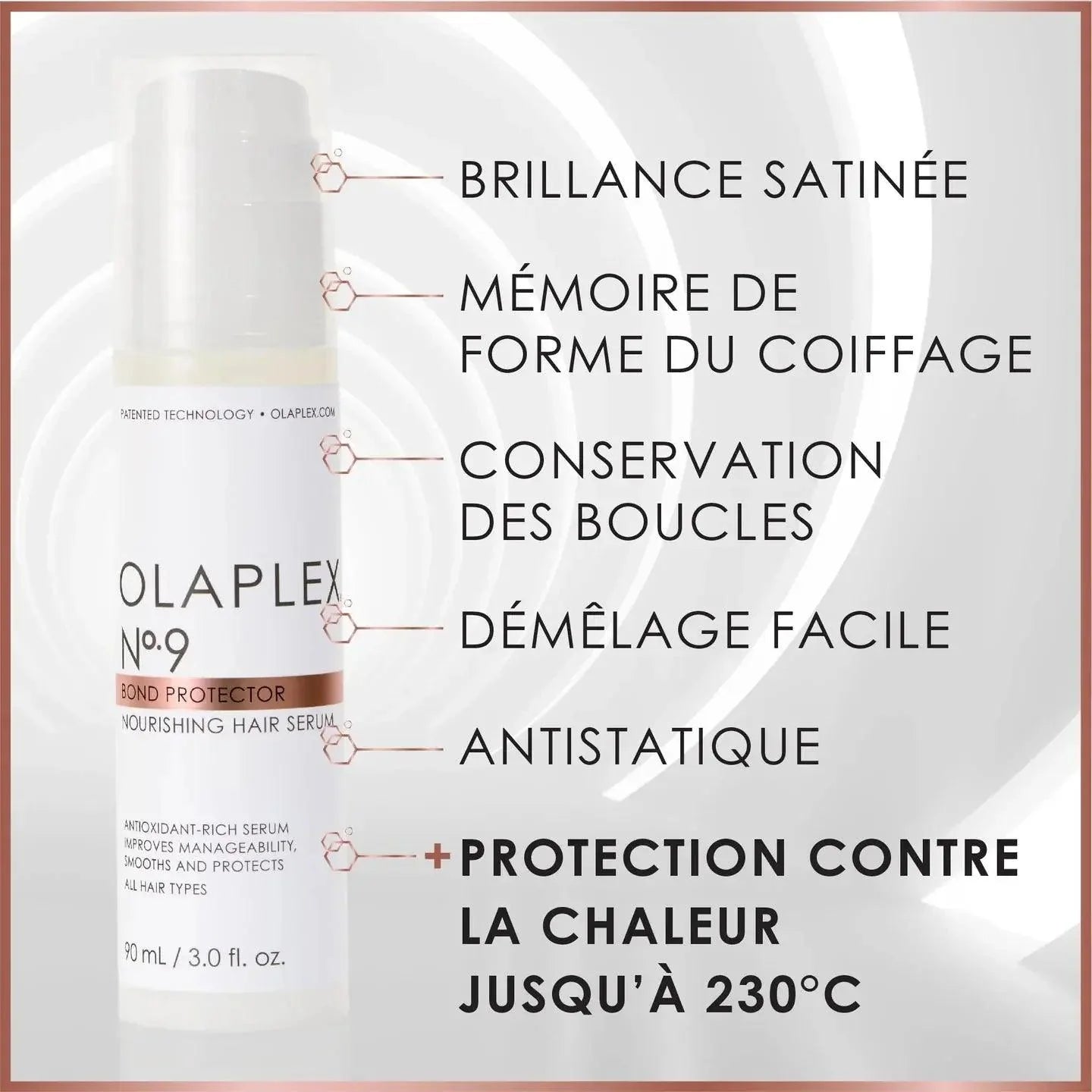 Olaplex No.9 Bond Protector Nourishing Hair Serum, moisturizing formula, heat protection up to 230°C, suitable for all hair types.