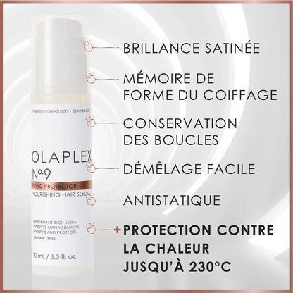 Olaplex No.9 Bond Protector Nourishing Hair Serum, moisturizing formula, heat protection up to 230°C, suitable for all hair types.