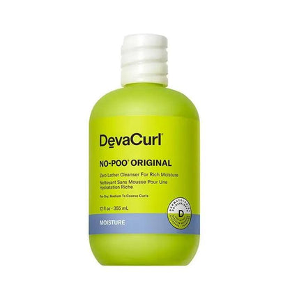 DevaCurl No-Poo Original Zero Lather Cleanser bottle for dry, medium to coarse curls, promoting moisture and shine.