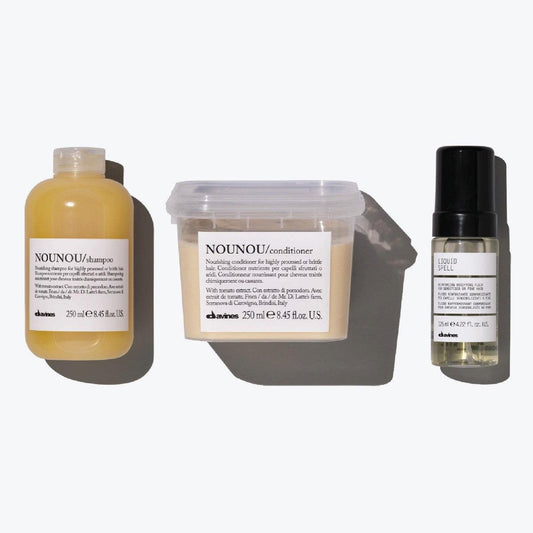 Nounou + Liquid Spell Set featuring shampoo, conditioner, and liquid spell for nourishing and repairing hair.
